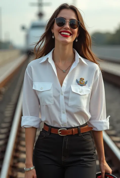 curvy lady, wearing an white deck officer shirt,  laughing with her mouth open, red lipstick accentuating her smile, accessorized with a stylish belt, holding a leather whip, jewerly, white skin, big wide hips, chest are fully grown, pilot sunglasses, smok...