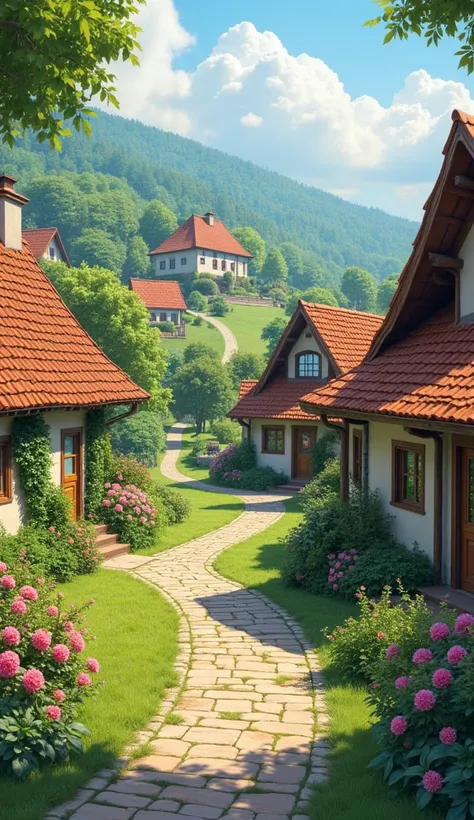 Design a peaceful rural village with cozy cottages, winding streets, and blooming gardens.