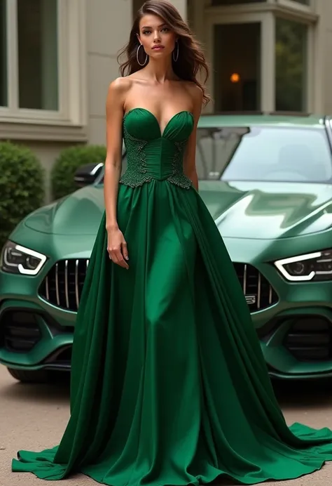 a woman in a green dress is standing in front of a car and a building, an elegant green, full body green dress, long luxurious flowing gown, green dress, dark green dress, sexy gown, flowing gown, she wears a dark green dress, wearing long gown, jade green...