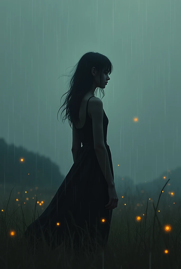 A woman far away in the landscape whose physiognomy can only be seen, dark landscape ,Rainy day, Sobreado , with fireflies 