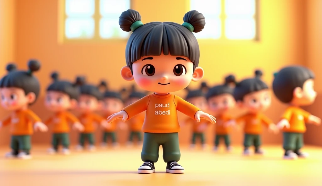 in the animated 3D image of a beautiful and adorable girl with her hair in two buns on top and bangs, wearing a long-sleeved T-shirt in orange with the words "PAUD Abadi" printed on the front, dark green pants, and black sneakers. The style is 3D animation...