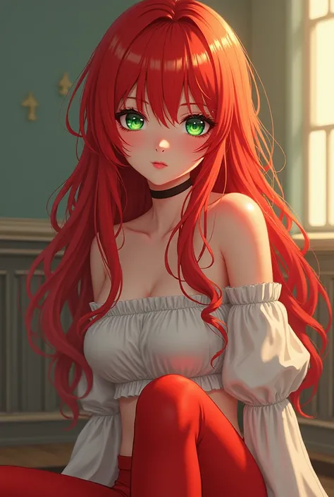 Anime girl red hear grean eyes wearing flare leggings