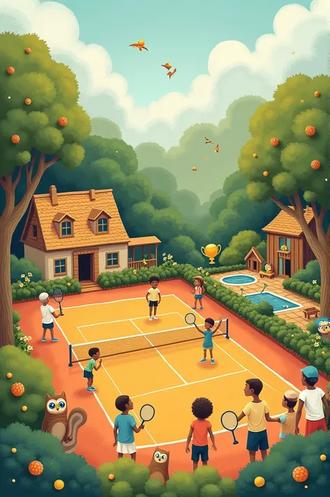 book about tennis

first page :
prefer in neutral pastel like colors, showing tennis theme, completion, trophies, intriguing. 

second page :
a town where they live, has to have tennis court in orange(clay), little swimming pool, tree house for owl with de...