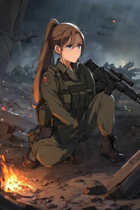  a woman ,  high resolution,  long hair ,  ponytail,  looking at spectator , tears,  Frowns, scared, Warzone,  anime style

The girl sees the spectator from the ground , She is sitting,  wears military-style clothing ,  and has a rifle on his side ,  looki...