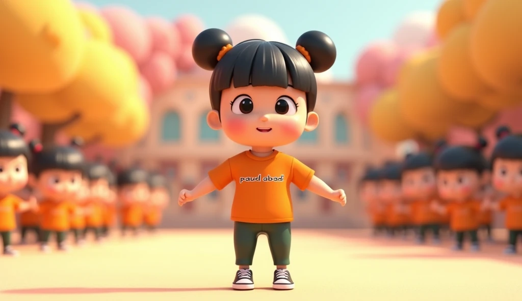 in the animated 3D image of a beautiful and adorable girl with her hair in two buns on top and bangs, wearing a long-sleeved T-shirt in orange with the words "PAUD Abadi" printed on the front, dark green pants, and black sneakers. The style is 3D animation...