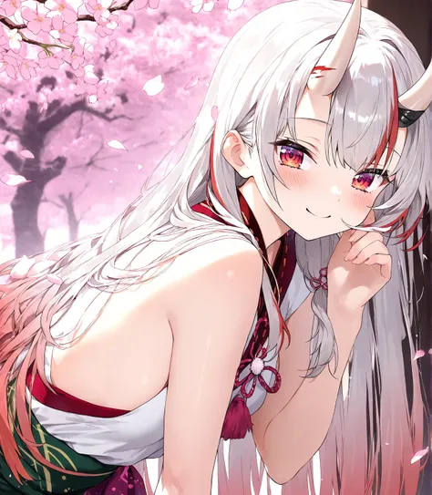 ((Nakiri Ayame)),Girl, long hair, (Cherry Blossoms), Smiling,alone, (a radiant smile),masterpiece,Best Quality, blush,  smiles, ((Cherry blossom petals)), leaning forward