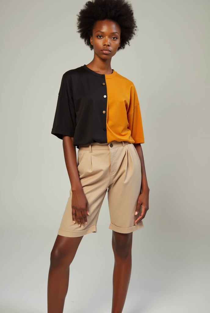 This image features a Nigerian female model standing confidently in a minimalistic studio setting. The studio background is clean, neutral, and uncluttered, emphasizing the model and her attire.

The model is wearing a casual top with a striking sewn-in-th...