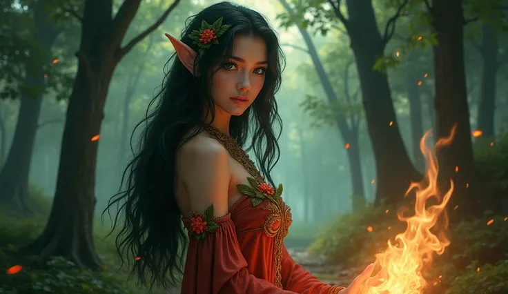 A sensual and captivating dark-haired elfen girl standing near a glowing fire fire in a moonlit glade. Her delicate, pointed ears glisten softly in the interplay of moonlight and firelight, and her emerald-green eyes shimmer. She wears a flowing dress of f...