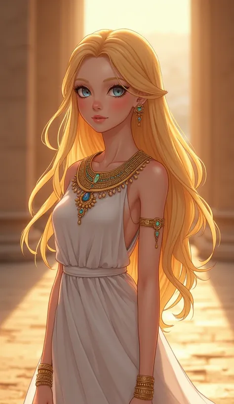 Beautiful and captivating anime style illustration depicting a charming and beautiful girl with fair skin, long silky yellow hair, side bangs, and blue-gray eyes. She wore a flowing white dress, a gold necklace set with various gemstones, gold earrings and...