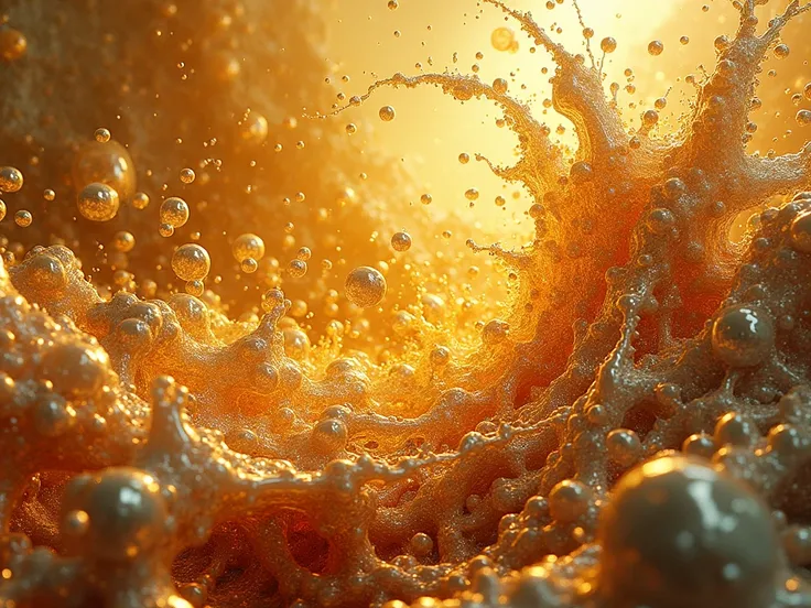 Abstract artwork in motion.Art by Alberto Severo. A close-up of jets and streams of molten precious metals colliding with each other and forming , immense quantities of metallic drops and jets of gold, silver, copper mercury, that bubble ,Explotan ,swirl a...