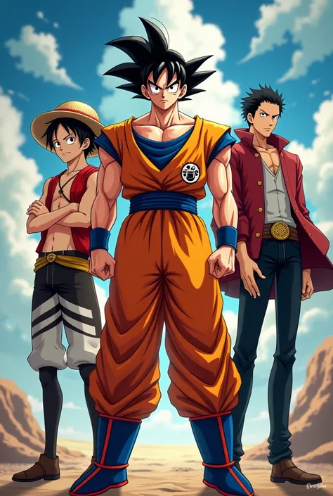 I want an image of Goku, Monkey D.  Luffy and Captain Levi from Attack on Titan.  All 3 have to be the same height . Goku must be in the center , Monkey D.  Luffy on the left and Levi on the right . 