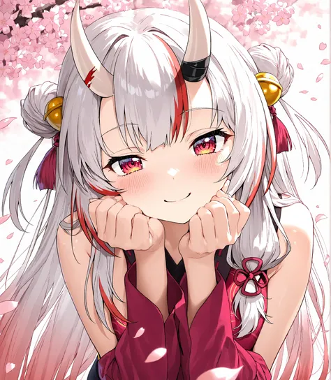 ((Nakiri Ayame)),Girl, long hair, (Cherry Blossoms), Smiling,alone, (a radiant smile),masterpiece,Best Quality, blush,  smiles, ((Cherry blossom petals)), leaning forward