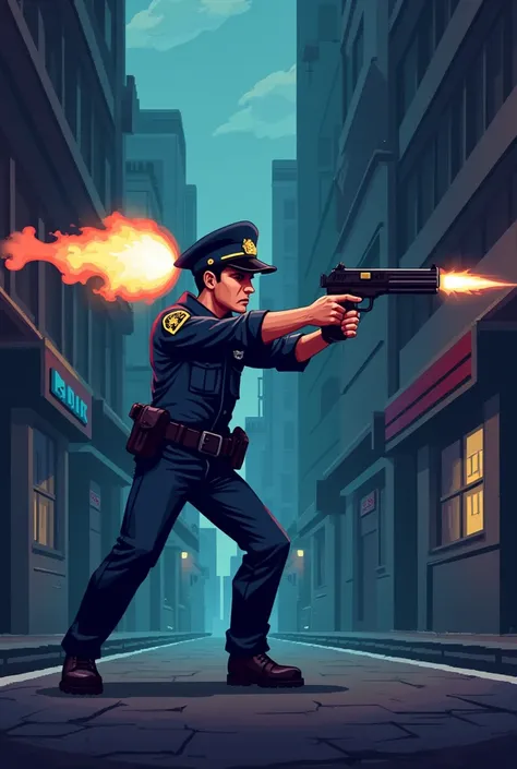 8-bit cop shooting from a pistol 