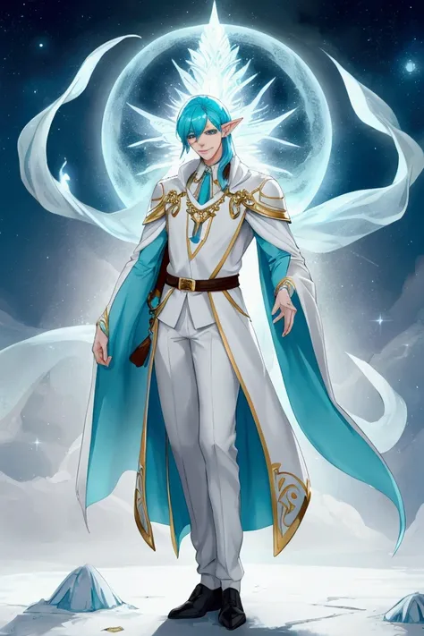 A tall handsome man with short cyan hair and white skin with elf ears with a beautiful smile wearing magical clothes full body