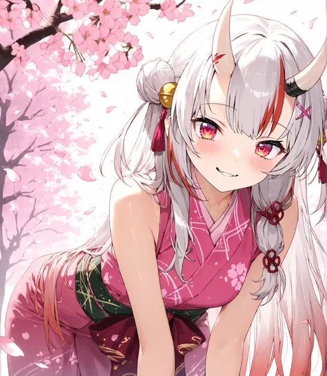 ((Nakiri Ayame)),Girl, long hair, (Cherry Blossoms), Smiling,alone, (a radiant smile),masterpiece,Best Quality, blush,  smiles, ((Cherry blossom petals)), leaning forward