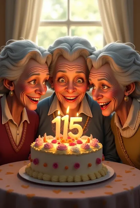  3 elderly twin sisters on their 115th birthday.
With cake and candle with number 115 