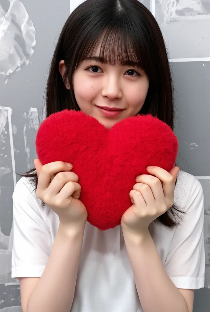 only one woman with a cute smile is cute,  fluffy off-shoulder pajamas,  make a big heart with both hands , hold it in front of ...