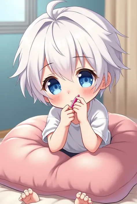 Please draw a white short haired white boy with blue eyes in Japanese anime style showy  with white hands rubbing pink nail polish duck sitting on a pillow with a cute gesture