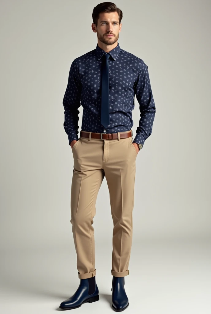 
A man dressed with
Navy blue ankle boots 
Beige pants
Navy blue shirt with flowers
Navy blue tie 
