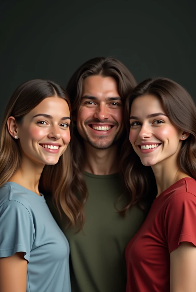 a group of 3 people smiling, 1 woman wearing a light blue plain t-shirt, 1 man wearing a red plain t-shirt, 1 woman wearing a military green plain t-shirt, detailed facial features, realistic, photorealistic, cinematic lighting, 8k, highly detailed, master...