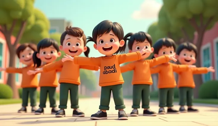 in the 3D animation image, a neat line of several kindergarten ren are wearing orange long-sleeved T-shirts with the words "PAUD Abadi" printed on the front, dark green trousers, and black sneakers. The style is 3D animation with a pastel color palette, cr...