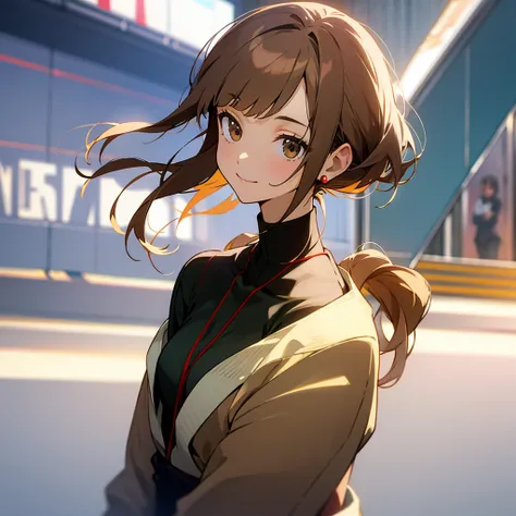  light brown hair, wears the hair on the right side over her ear、Smiling gently、Lofty Girl、 casual plain clothes 、Portraiture、8k、Anime Girl、 anime style、 High Quality 、Urban Girl 、Beauty、 Beautiful Women、delicate、 fashionable clothes、 Accessories、OL、adult、...