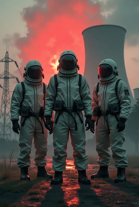 three people in anti-radiation suits seeing a nuclear plant with a red mass