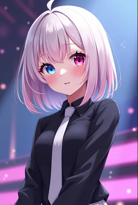  1 woman,  white hair bob hair、Details、Beautiful eyes、 odd-eye、Right eye blue、Left eye red、Transparency、pastel pink aurora hair、long sleeve black shirt 、 white tie、 anime style、 has microphone 、 smiles,  glitter effect , 観客の方見て smiles、 sitting on stage loo...