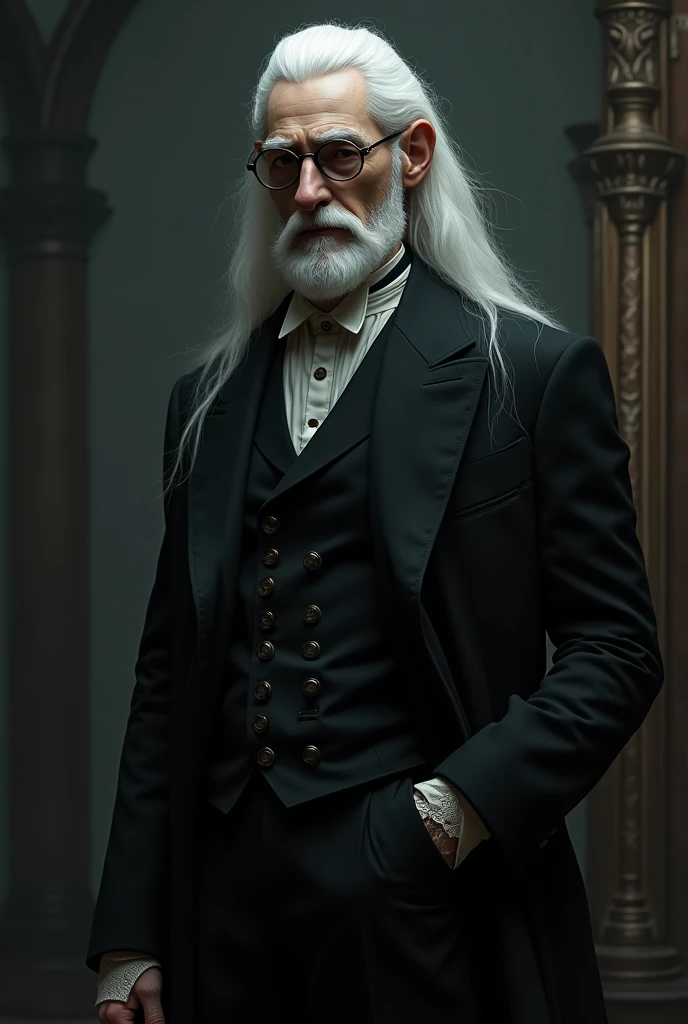 English man , delgado, high, very pale, long and white hair, with glasses,  dressed in Victorian costume ,  Realistic style,  photo, full hd, 8K,  white eyebrows with a marked angle, cuerpo completo, Gothic, steampunk, Dark,  dark fantasy ,  Victorian styl...