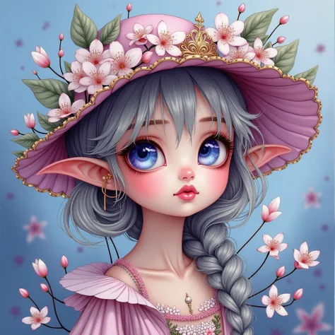 A vibrant dreamscape featuring a delicate pixie girl wearing an intricately designed floral hat. She has large expressive blue-violet eyes, lush lips, and is surrounded by silver jasmine flowers. The scene includes hues of silver and gold, intricate detail...