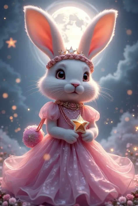 Bunny wearing mystical, pink moon-inspired gown, carrying star-studded bag, with mystical, braided crown.