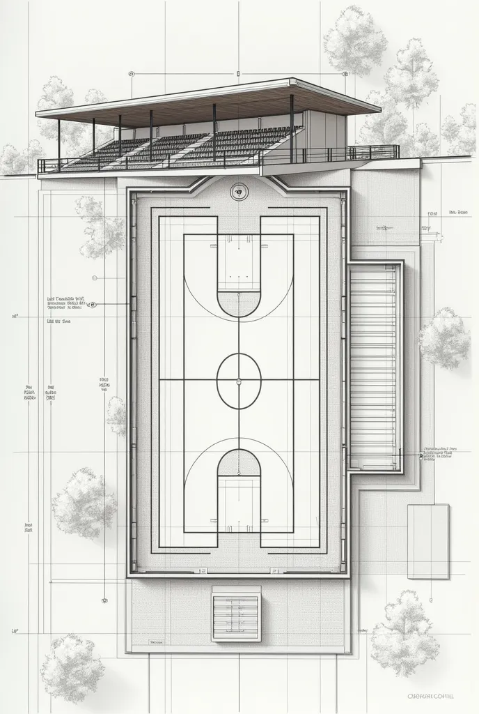 Create an architectural plan of a covered handball pavilion with the annotated measurement scale