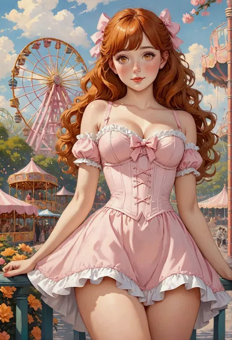 Realistic drawing style. Woman of 20 years old. Feminine, angelic face. She is white with freckles. Wavy hair and orange bangs. Yellow eyes. Thick lips, painted in pastel pink. Her body is small, curvy, small waist, thick thighs, large breasts. She wears a...