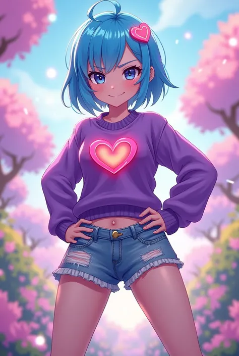 "Sugar cube,  a vibrant anime-style character with short blue hair , a heart-shaped brooch , who wears a torn purple sweater with a bright heart design and ripped denim shorts with a large bulge, his testicles of balls between his legs and his penis .  He ...