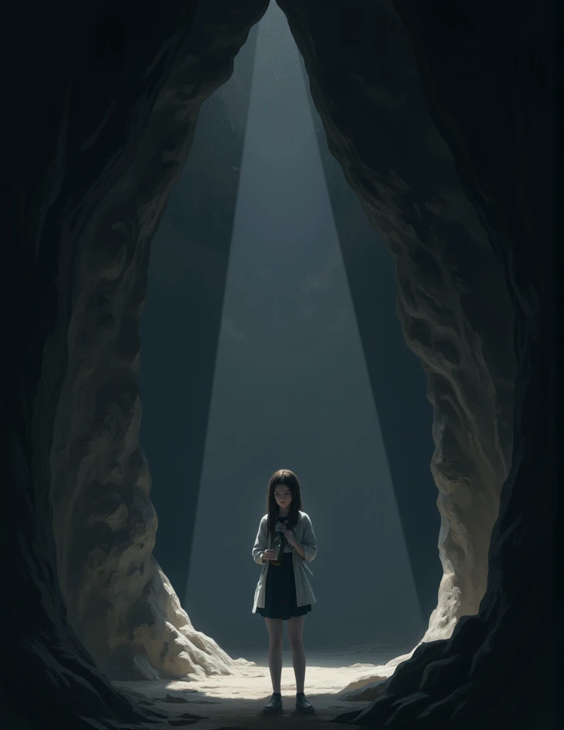 A girl on a cave standing alone with bottle in hands