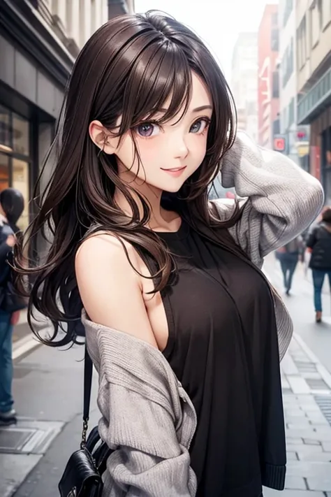 plain clothes 、Random sexy pose、20-year-old woman、s lips:A sexy、Hair color: Dark brown、Translucent skin， the skin is fair 、（hairstyle on）Random Hairstyles、（Basic Information）smil、Moist eyes、Gentle eyes、、Slim and soft、Gentle look、the background is blurred ,...