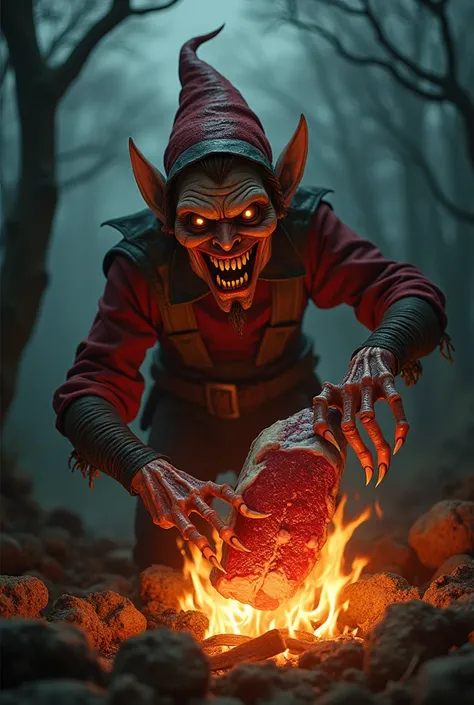  create an image for me about a scary Christmas elf roasting meat with a big title above that says (EL REMATE )