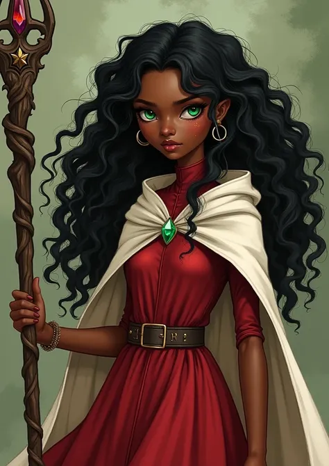  a girl with long curly and voluminous hair  , With black skin,  she has emerald green eyes , wears a red dress ,  with a feel made of leather  ,  has powers of magic of darkness and fire ,  carries a staff with a crystal of the night ,  and a side bag  , ...