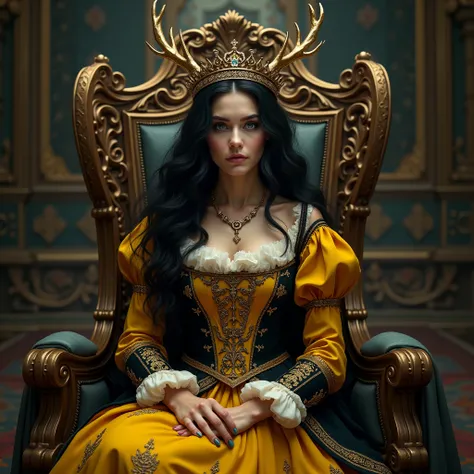 Women with black hair and blue eyes wearing a yellow and black tudor style dress and a crown in the shape of stag horns, sitting in a throne  a castle

