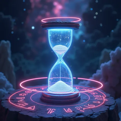 
hourglass with neon lights, on a platform in the middle of space/universe and around symbols that time is running out with neon lights