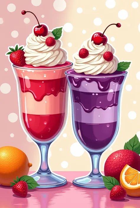 This image contains、 2 colorful parfaits are drawn 。 the parfait on the left has a red color 、 strawberries and whipped cream are displayed on the table 。Also、 orange slices and mint leaves are also added 。The parfait on the right is purple 、 This one is a...