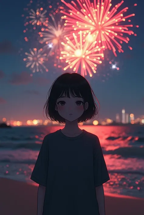 Short white-haired Korean young woman with sad wavy bangs on a beach having a fireworks display in the new year 