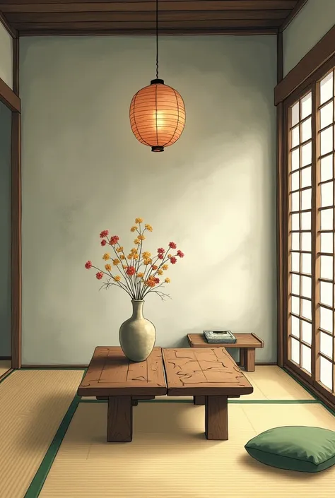 An illustration of a serene Japanese-style living room inspired by the wabi-sabi aesthetic. The room features a tatami mat floor, an aged wooden table with visible imperfections, and a single handmade ceramic vase with dried flowers. The walls have a textu...