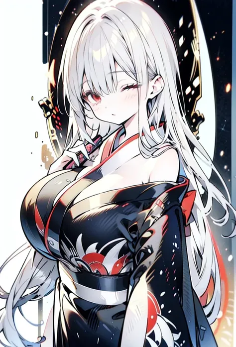 Black kimono hair long　smile,  
Red eyes,  very long hair,  close your mouth,  accessories with gray hair,  closed eyes, リボンヘア accessories with gray hair,  high definition , accurate,  best quality,  high definition model with a long spear,  textured skin,...