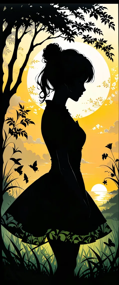 (Silhouette Art,cutouts:1.6) (((Paper cutting art,A world where only black exists:1.3) (Cowboy Shot),1 girl,Solo, (Kimono Girl,profile:1.2),white, Clear and beautiful face,Sunrise behind break (morning glow、Viola　green grass:1.1) Textured glass background,