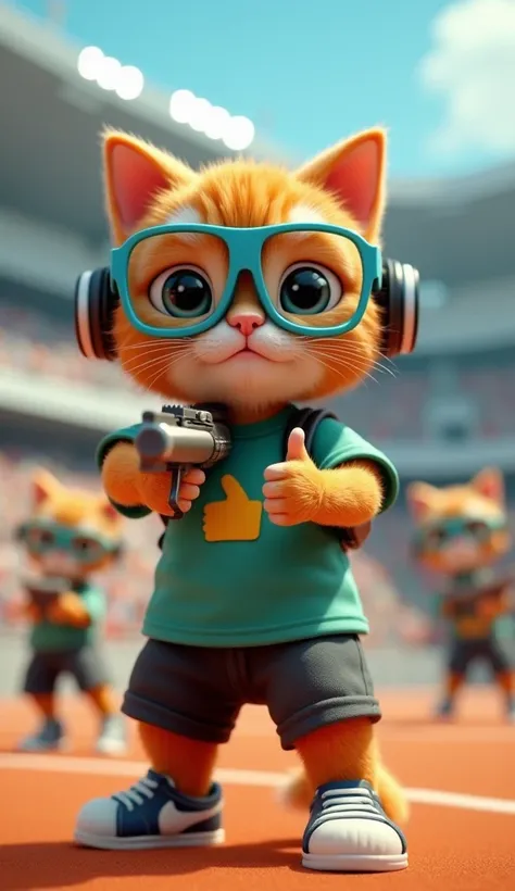 In cinematic 3D style ,HD image, realistic image ,colourful image. 
Character, Orange baby cat wearing blue frame white glasses and green t-shirt and black shots,there is a thumbs up mark on the t-shirt.
Action,Inside a stadium, an orange baby cat is aimin...