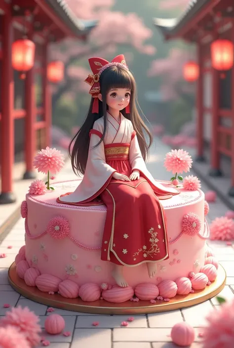 A girl in a shrine maiden costume sits on a pink Japanese-style cake