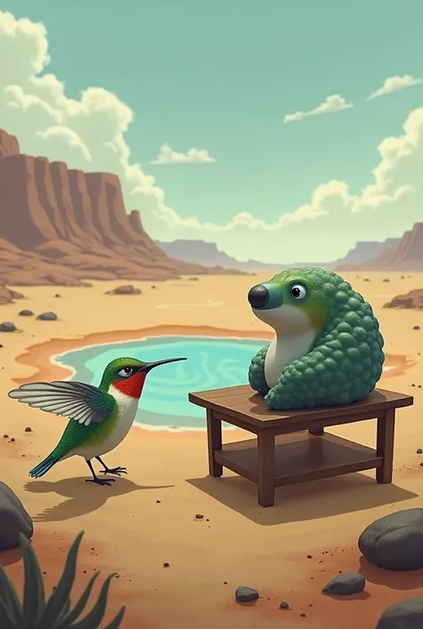 The water bear that is in a desert land on the table a conversation with the hummingbird that is in the lake that is drying up only say a few words about water care