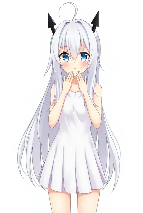 A Japanese anime style girl with long white hair，M-shaped bangs，There are only two black head ornaments on the top of her head that resemble upward arrows.，There is only one blue round bead dotted in the middle of the two upward arrows.，There was nothing o...