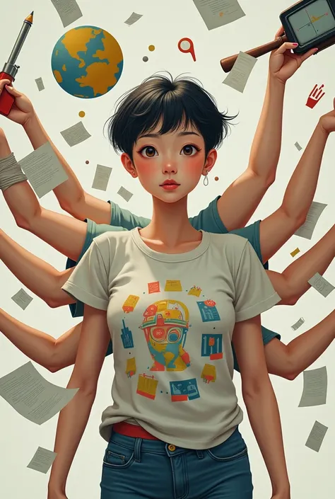 Asian woman photo, looking from the front, Very short hair, multitasking ,  with 110 arms , average weight,  printed t-shirt, with equipment and papers flying through the air